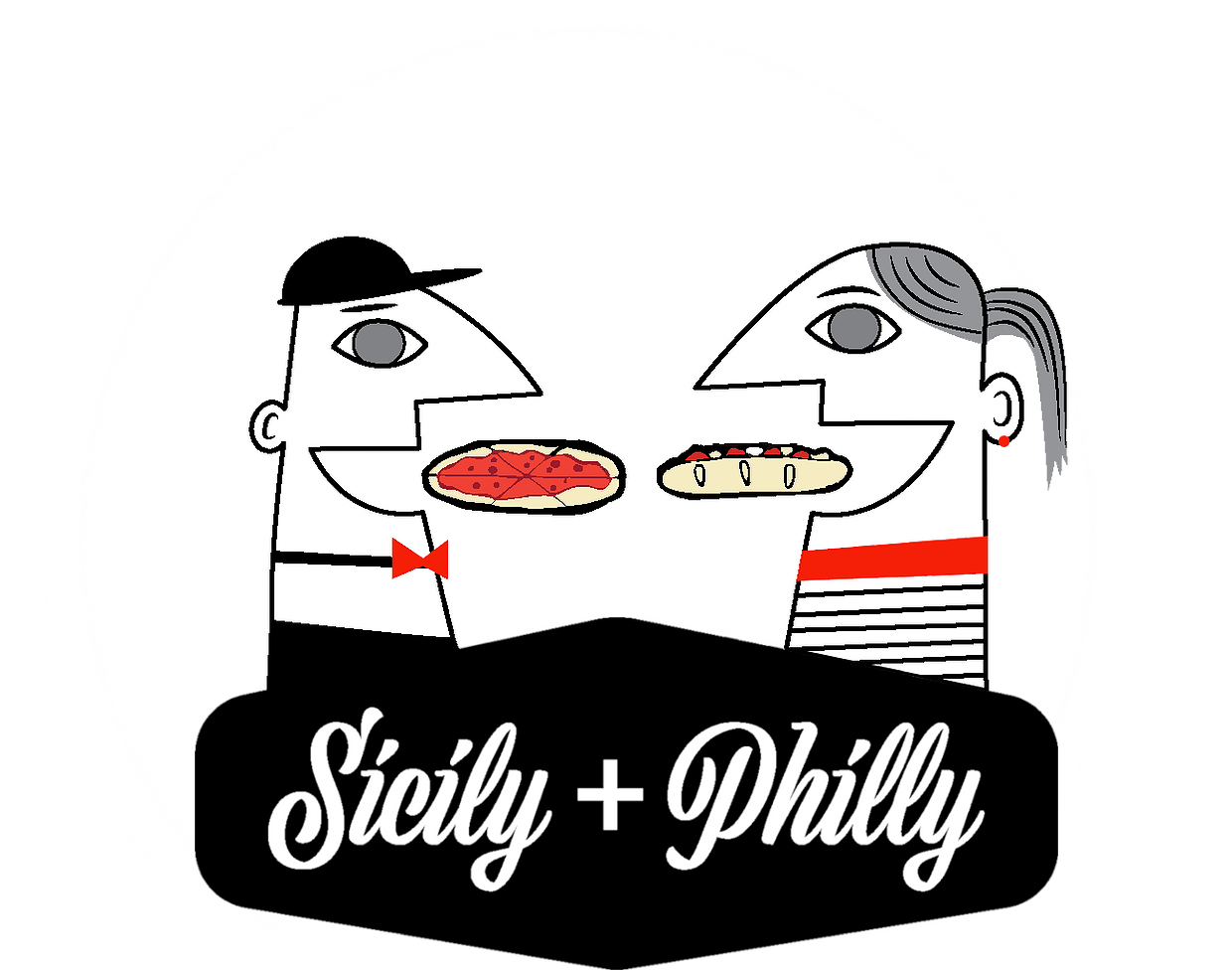 white, red and black graphics of a couple eating a pizza and a philly cheesesteak